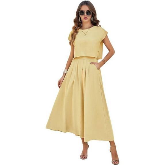Summer Skirt Set for Women 2 Piece Outfit Cap Sleeve Top Elastic Waist Maxi Dress Set with Pockets Light Yellow L