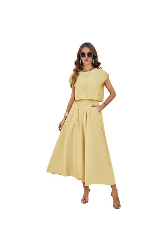 Summer Skirt Set for Women 2 Piece Outfit Cap Sleeve Top Elastic Waist Maxi Dress Set with Pockets Light Yellow XL