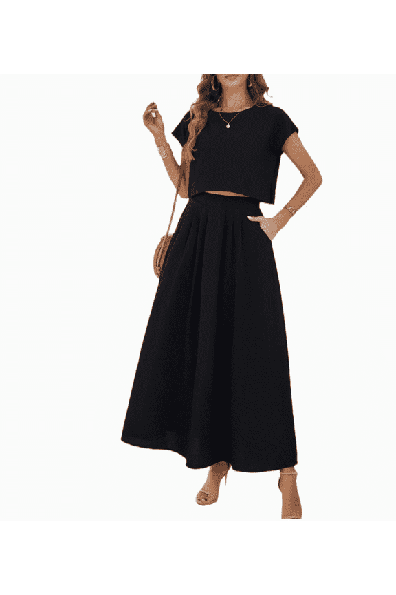 Summer Skirt Sets Women 2 Piece Outfits Cap Sleeve Top Elastic Waist Maxi Dress Sets with Pockets