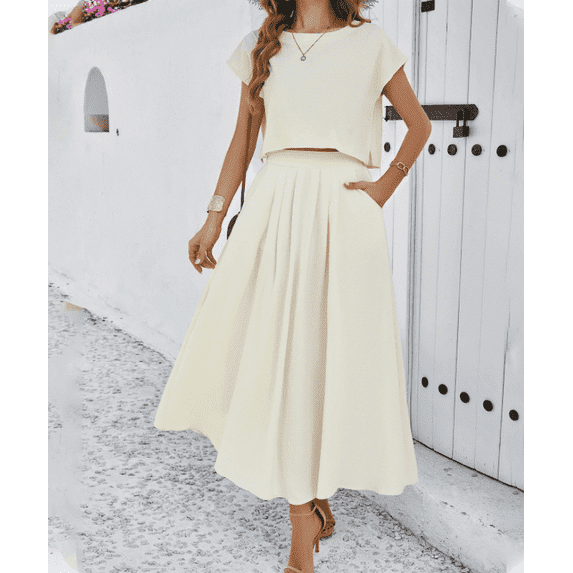 Summer Skirt Sets Women 2 Piece Outfits Cap Sleeve Top Elastic Waist Maxi Dress Sets with Pockets