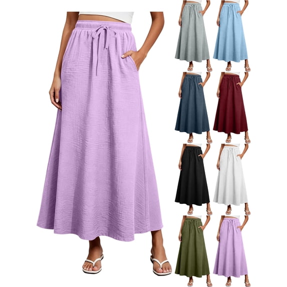 Summer Skirt for Women 100%Cotton with Pockets Elastic Waist Loose Ruffle Ankle Length Skirt