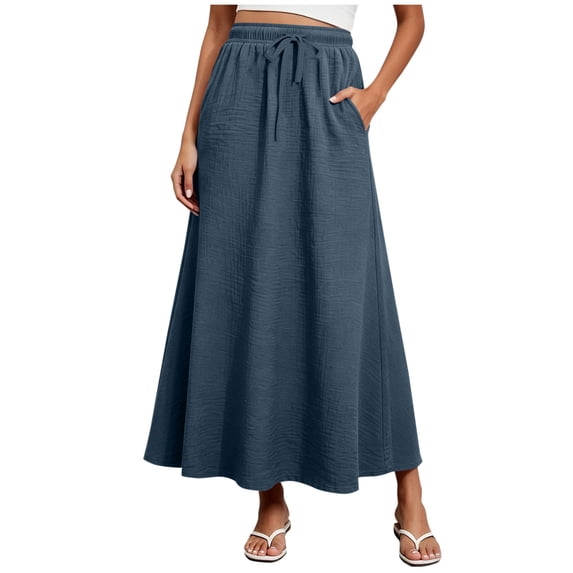 Summer Skirt for Women 100%Cotton with Pockets Elastic Waist Loose Ruffle Ankle Length Skirt