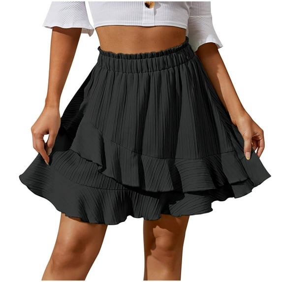 Summer Skirt for Women Boho Elastic High Waist Solid Color Ruffle Casual A Line Beach Short Mini Skirt