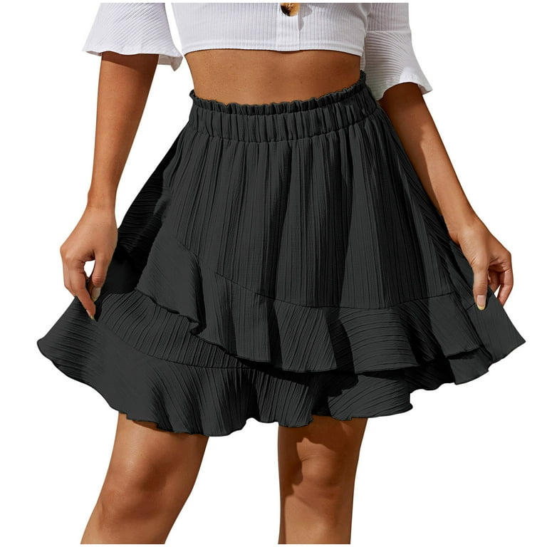 Besolor Summer Skirt for Women Boho Elastic High Waist Solid Color Ruffle Casual A Line Flowy Beach Short Mini Skirts