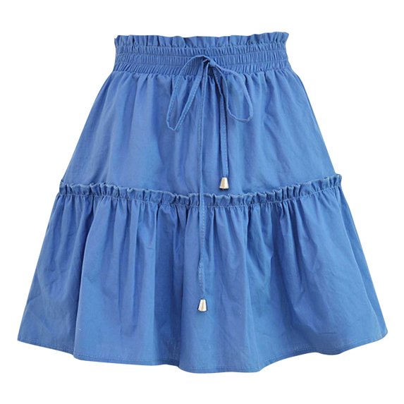Summer Skirt for Women Elastic High Waist Ruffle Tiered Short Skirt Drawstring Soild Casual A-Line Swing Mini Skirt