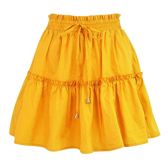 Summer Skirt for Women Elastic High Waist Ruffle Tiered Short Skirt Drawstring Soild Casual A-Line Mini Skirt