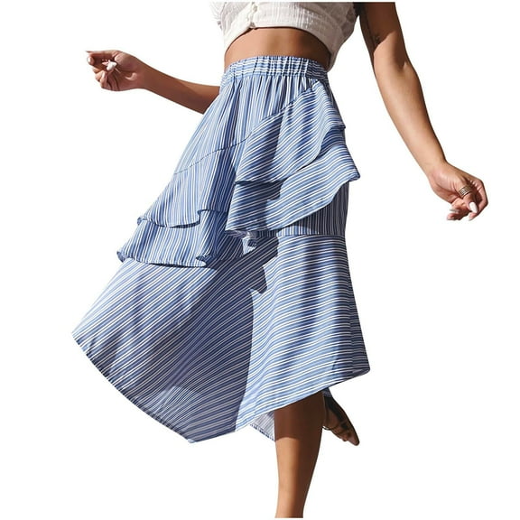 Summer Skirt for Women High Waist Striped Ruffle Asymmetric Casual A Line Flowy Beach Holiday Long Skirt Ladies Clothes