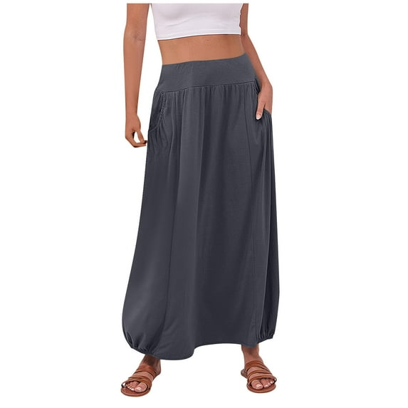 Summer Skirts Solid Color Elastic Waisted Casual Loose Long Skirt with Pocket Women Beach Fashion Maxi Skirts for Women
