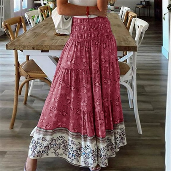 Summer Skirts for Women Elasticated Waist Floral Printed Maxi Skirt Elegant A Line Boho Skirt Flowy Swing Beach Dress Stretchy Jersey Womens Plain Dress Red M