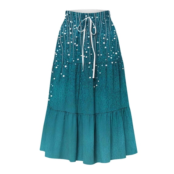 Summer Skirts for Women Elasticated Waist Long Pleated Skirt Leisure Swing Flowy Vacation Skirt with Pocket Print Wrinkles Middle Below The Knee Skirt
