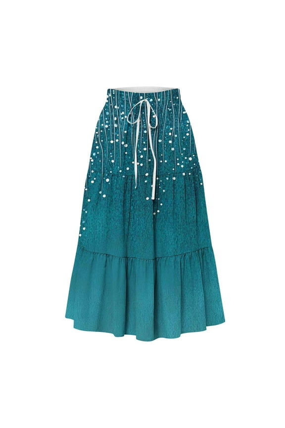 Summer Skirts for Women Elasticated Waist Long Pleated Skirt Leisure Swing Flowy Vacation Skirt with Pocket Print Wrinkles Middle Below The Knee Skirt