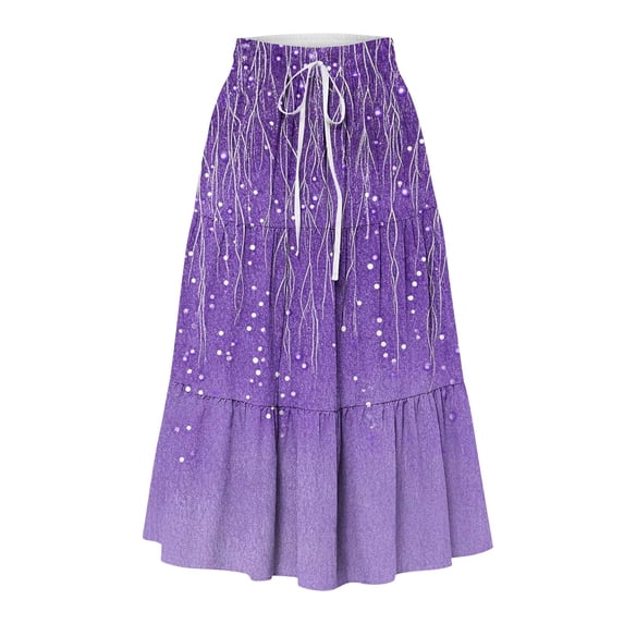 Summer Skirts for Women Elasticated Waist Long Pleated Skirt Leisure Swing Flowy Vacation Skirt with Pocket Print Wrinkles Middle Below The Knee Skirt