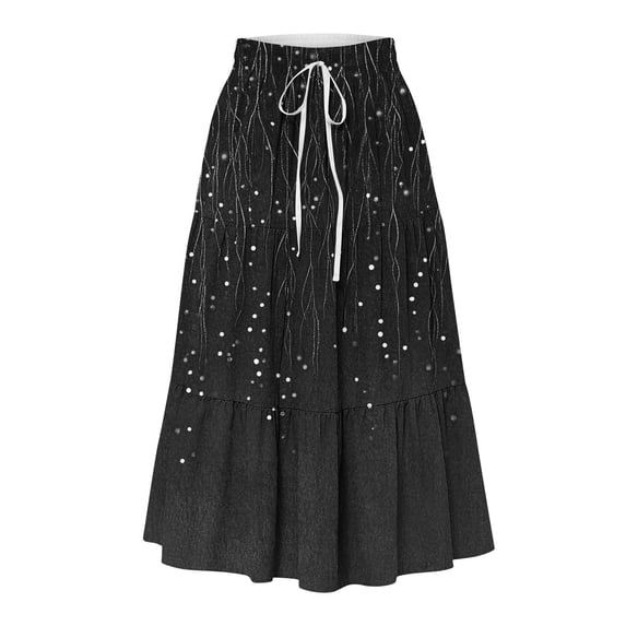 Summer Skirts for Women Elasticated Waist Long Pleated Skirt Leisure Swing Flowy Vacation Skirt with Pocket Print Wrinkles Middle Below The Knee Skirt