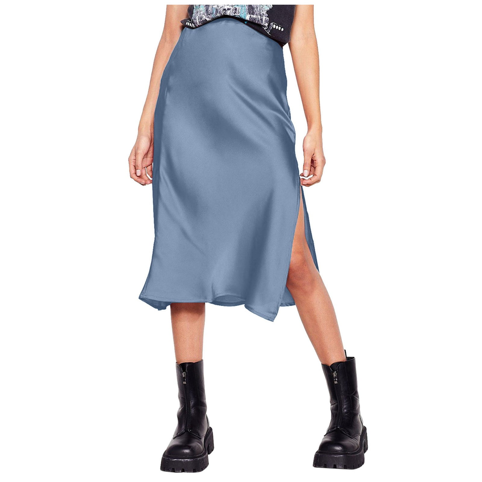 Summer Skirts Womens High Waist Skirt Solid Satin Dress Zipper Elegant ...