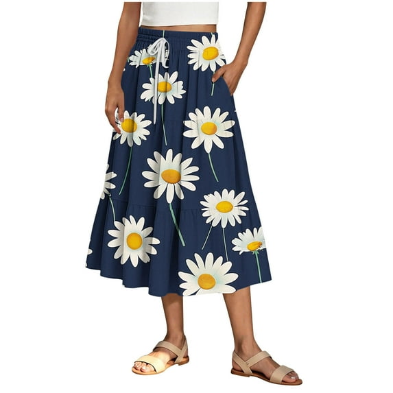 Summer Skirts for Women 2025 Retro Vacation Boho Floral Tiered Maxi Skirt Drawstring High Waisted Flowy Ruffle A Line Skirt