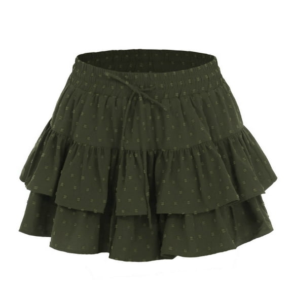 Summer Skirts for Women 2025 Vacation Cotton Ruffle Elastic Waist A-Line Casual Short Skirt Army Green L