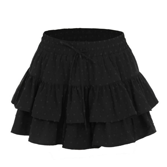 Summer Skirts for Women 2025 Vacation Cotton Ruffle Elastic Waist A-Line Casual Short Skirt Black L