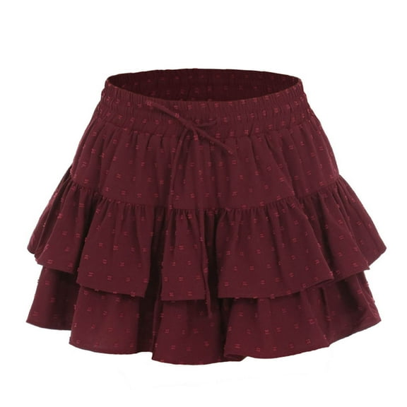 Summer Skirts for Women 2025 Vacation Cotton Ruffle Elastic Waist A-Line Casual Short Skirt Red S