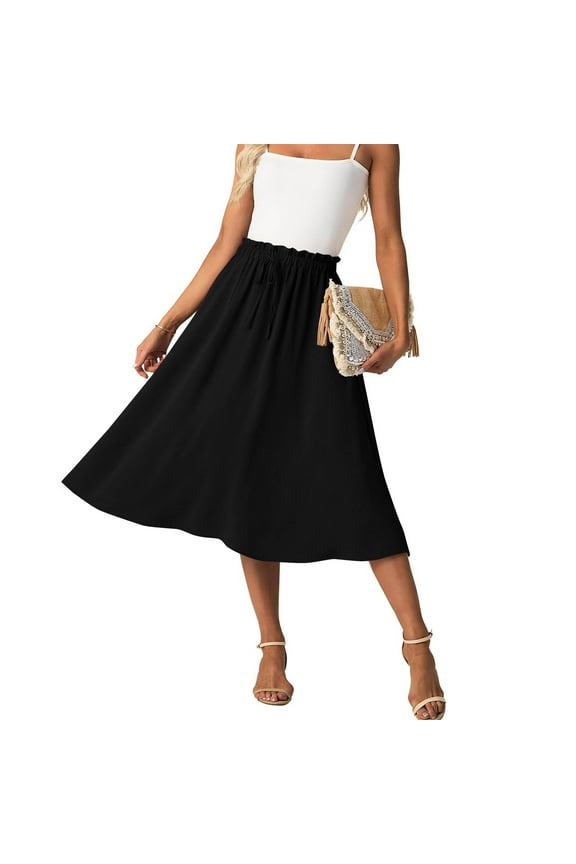 Summer Skirts for Women Casual Solid Color Elastic High Waist Skirt Fashion Knee-Length Skirts with Drawstring Pocket Skirt Dress