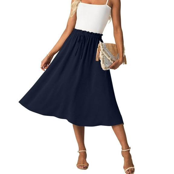 Summer Skirts for Women Casual Solid Color Elastic High Waist Skirt Fashion Knee-Length Skirts with Drawstring Pocket Skirt Dress
