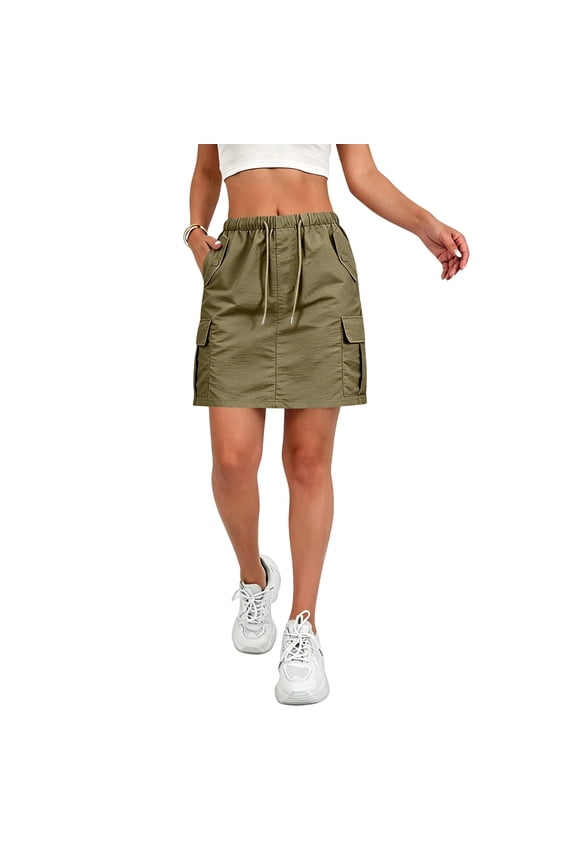 Summer Skirts for Women Elastic Waist Cargo Skort Casual Hiking Travel Golf Skirts Drawstring Knee Length Mini Skort Army Green L