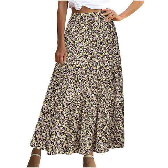 Summer Skirts for Women Flower Printed Casual Ruched Elastic Waist Maxi Skirt Holiday Beach Clothing Womens Maxi Skirt