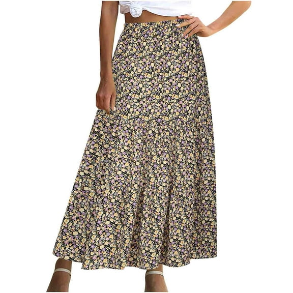 Summer Skirts for Women Flower Printed Casual Ruched Elastic Waist Maxi Skirt Holiday Beach Clothing Womens Maxi Skirt