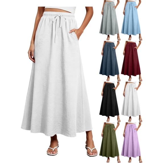 Summer Skirts for Women Plus Size 100%Cotton with Pockets Elastic Waist Loose Ruffle Ankle Length Skirt