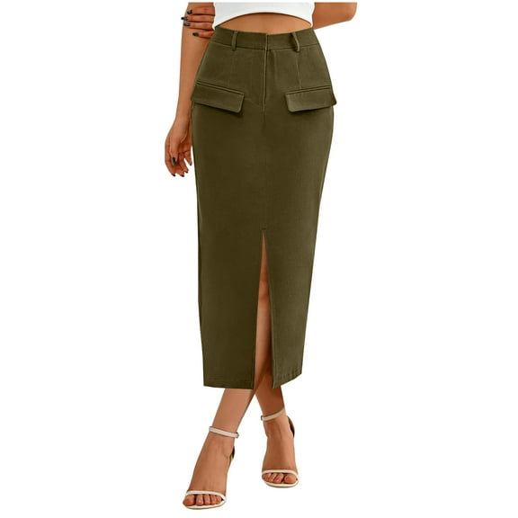 Summer Skirts for Women Trendy Women Side Split Midi Bodycon Casual Daily High Waist Office Stretchy Pencil Skirts Army Green M