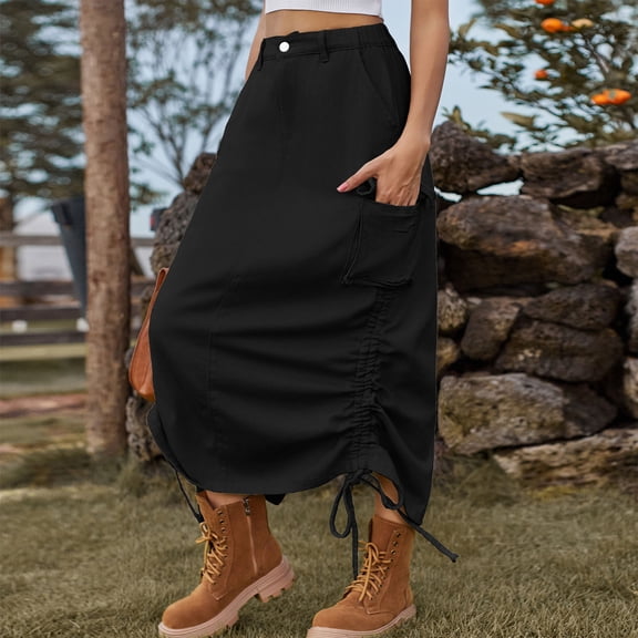 Summer Skirts for Women Women's Spring And Summer Work Dress Pocket Skirt Casual Mid-length Skirt Basic Essentials Summer Vacation Beach Fashion
