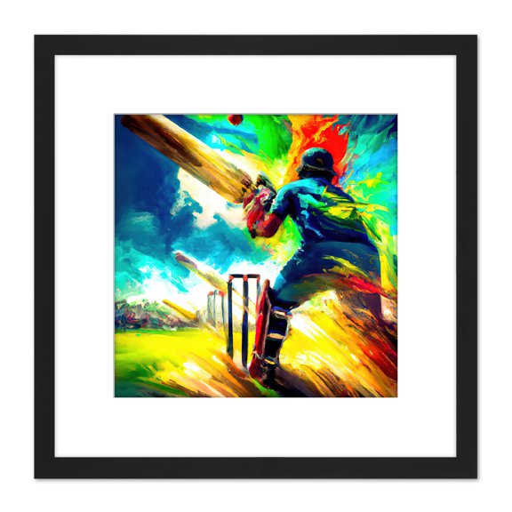 Summer Sky Cricket Vibrant Batsman Wicket Bowled Oil Painting Square Wooden Framed Wall Art Print Picture 8X8 Inch