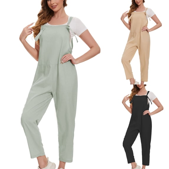 Summer Sleeveless Backless Romper Jumpsuit Playsuit, Loose Fit Long Solid Color Casual One Piece, Lounge Wear Beach Cover Up, Birthday Gifts for Women | CSEONE,Khaki L