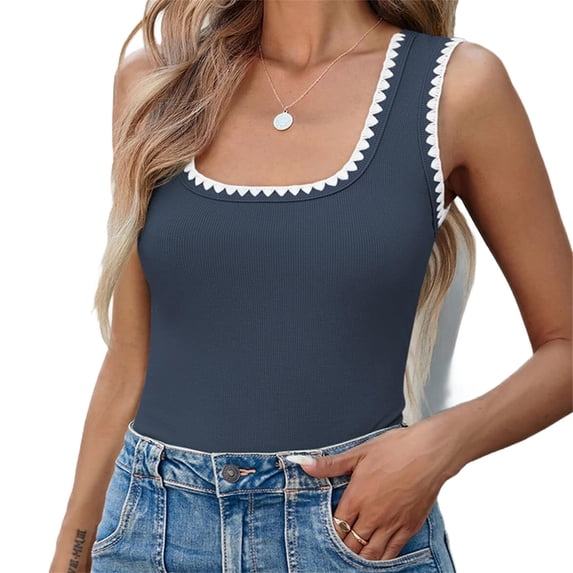 Summer Sleeveless Color Block Women Square Neckline Tank Tops Slim Vest Camisole