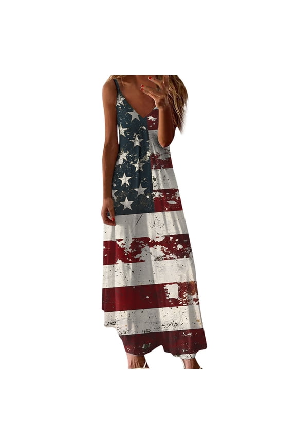 Summer Sleeveless Dress for Women V-neck High Waist Pleated Flowy Maxi Dress 4th of July Patriotic Sundress