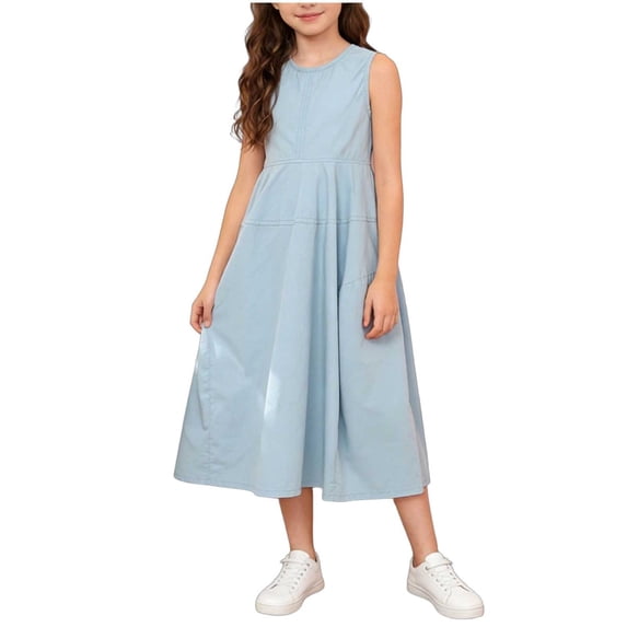 Summer Sleeveless Dresses Girls Cotton Flare Swing Long Tank Sundress Beach Vacation Casual Kids Cute Outfits Blue, 13 Years