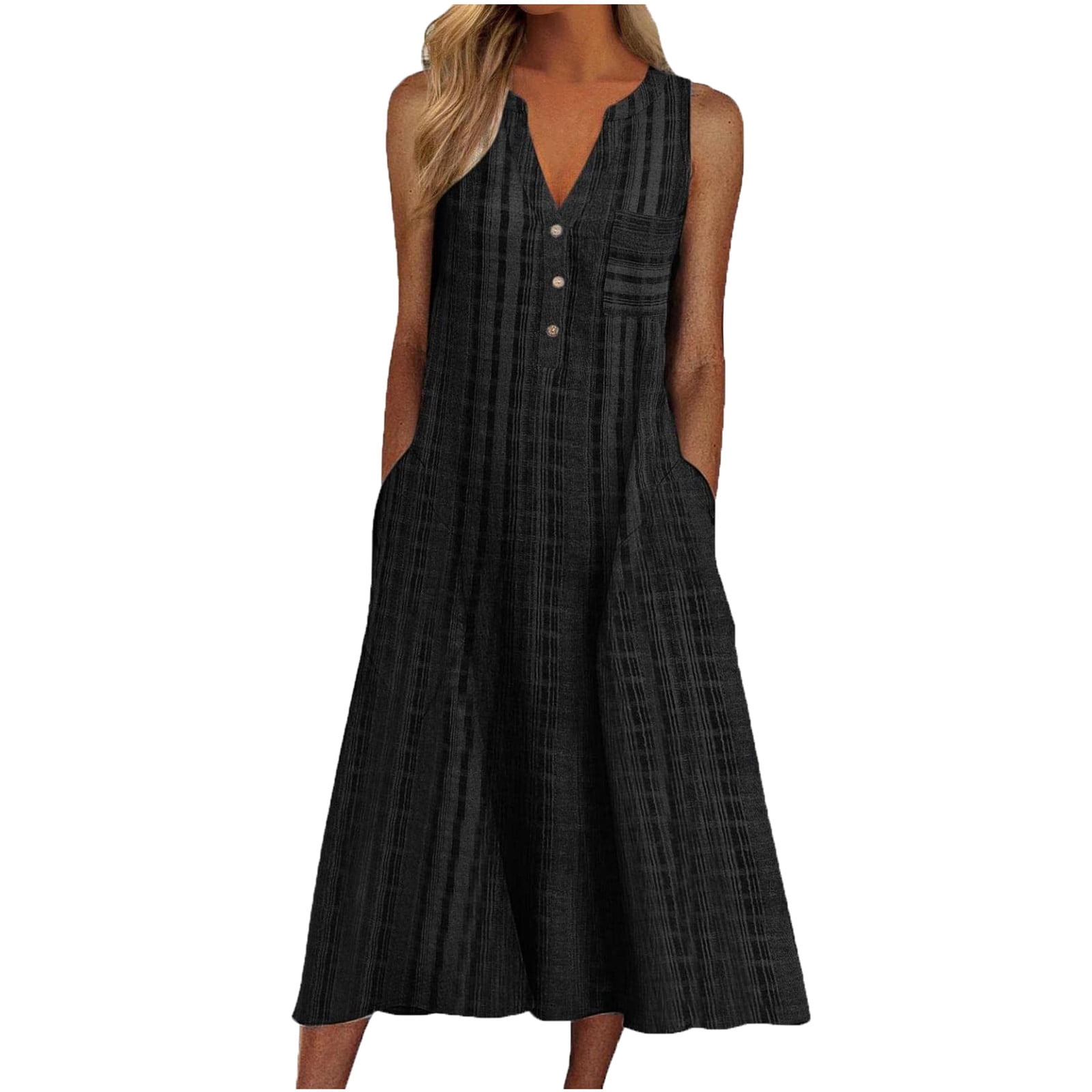 Summer Sleeveless Dresses for Women Plaid Print Midi Dress Button Up V ...