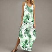 LENAGO Plus Size Women's Long Dress Summer Sundress Spaghetti Strap V-Neck Floral Maxi Dress Long Vacation Dress with Pockets Loose Fit S-XXL Gifts for Mother's Day