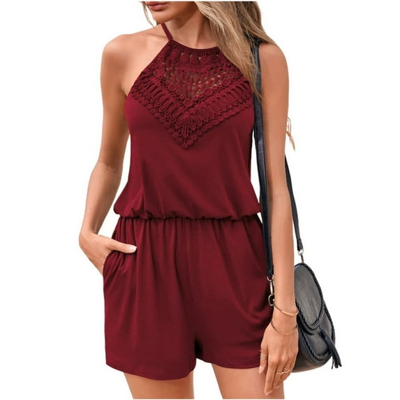 Summer Sleeveless Lace Patchwork Women Halter Jumpsuit Romper