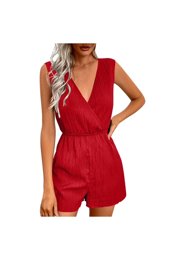 Summer Sleeveless Rompers for Women Dressy Casual Elastic Waist Jumpsuit V Neck Fashion Romper Mothers Day Gifts, Red, M