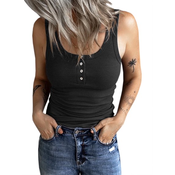 Summer Sleeveless Women Scoop Neck Ribbed TopsShirts Slim Fit Cami Knit Tees