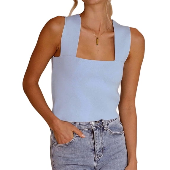 Summer Sleeveless Square Neck Solid Color Slim Fit Tank Tops