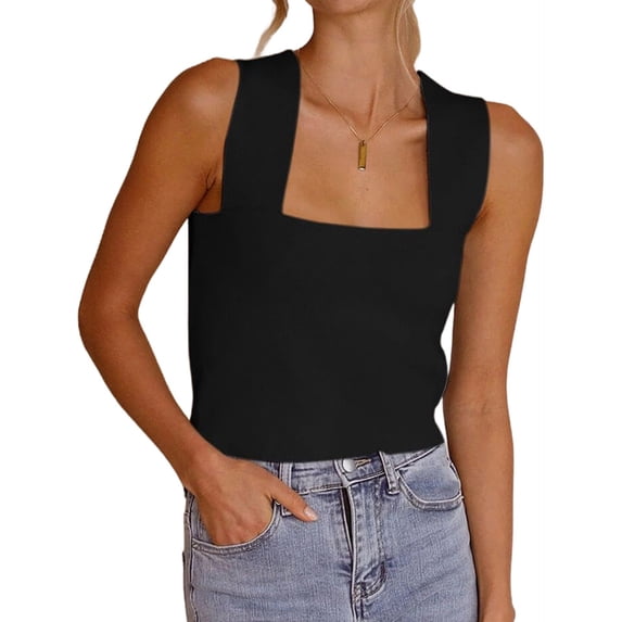 Summer Sleeveless Square Neck Solid Color Slim Fit Tank Tops