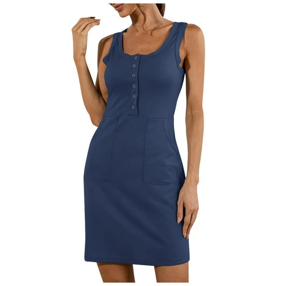 Summer Sleeveless Tank Dress for Women Solid Square Neck Button Slim Fit Mini Dress Casual Comfy Pockets Short Dress