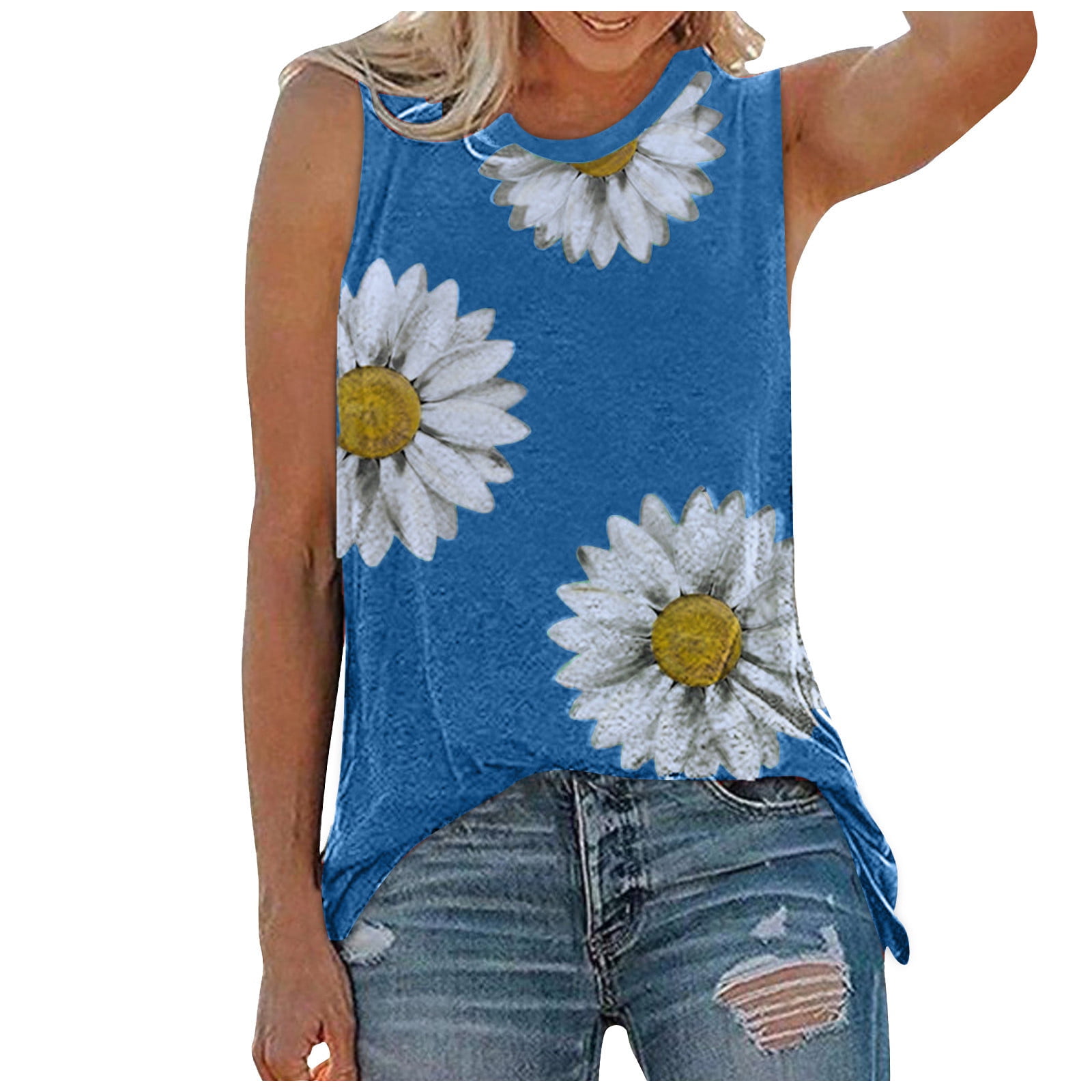 Summer Sleeveless Top Womens Trendy Loose Fit Tank Top Round Neck ...