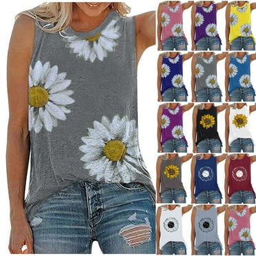 Summer Sleeveless Tops For Women Trendy Loose Fit Tank Tops Round Neck Daisy Graphic Tees Casual Comfy Plus Size Blouses