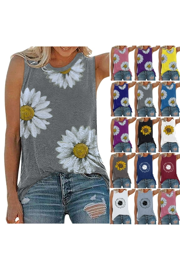Summer Sleeveless Tops For Women Trendy Loose Fit Tank Tops Round Neck Daisy Graphic Tees Casual Comfy Plus Size Blouses