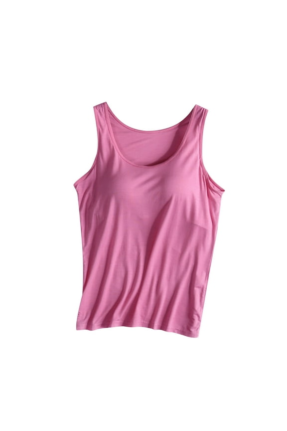 Summer Sleeveless Tops for Women 2025 New Womens Padded Built-in-Bra Tanks Tops Crew Neck Wireless Bra Camisole Casual Slim-Fitted Shirts Plus Size Vests Pinks L