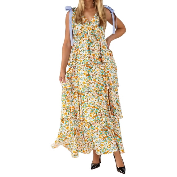 Summer Sleeveless V-neck Floral Printing Flared Ruffle Long Maxi Dress