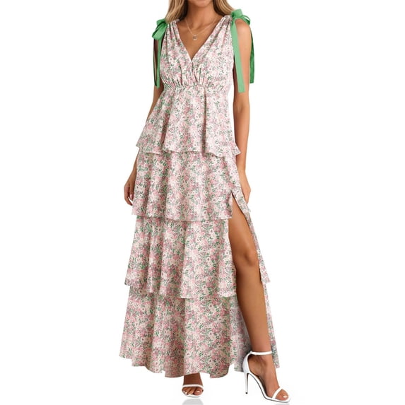 Summer Sleeveless V-neck Floral Printing Flared Ruffle Long Maxi Dress