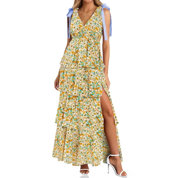Summer Sleeveless V-neck Floral Printing Flared Ruffle Long Maxi Dress